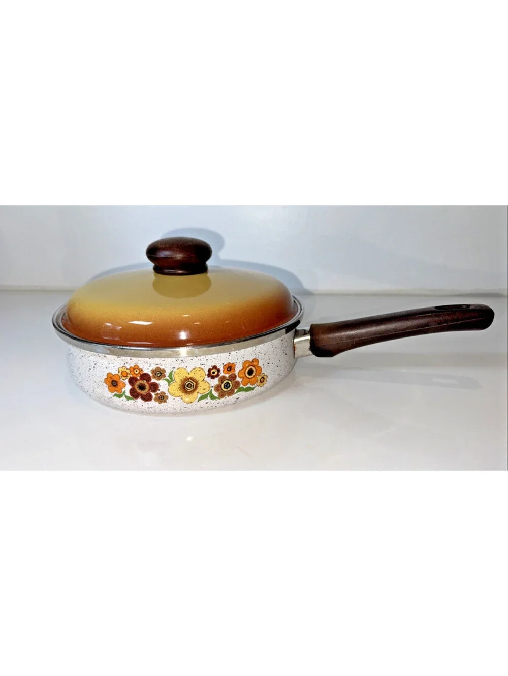 Vintage 1970's Harvest Blossom Enamel Floral Sautee Pan with Lid